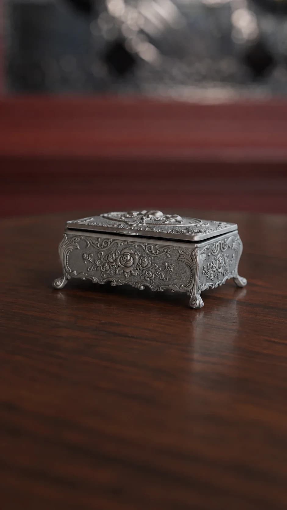 Antique Silver Vintage Metal Box with Rose Relief