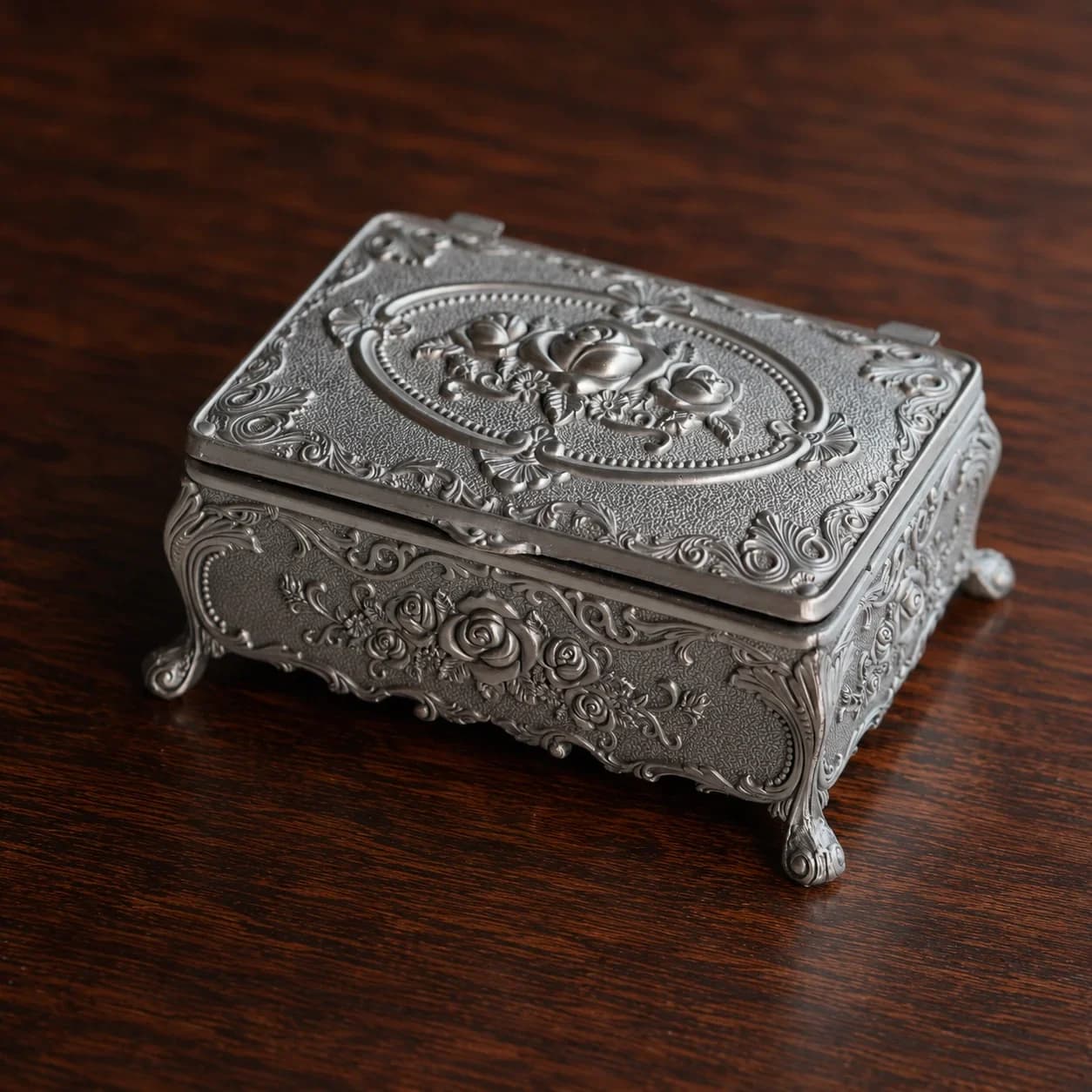 Antique Silver Vintage Metal Box with Rose Relief