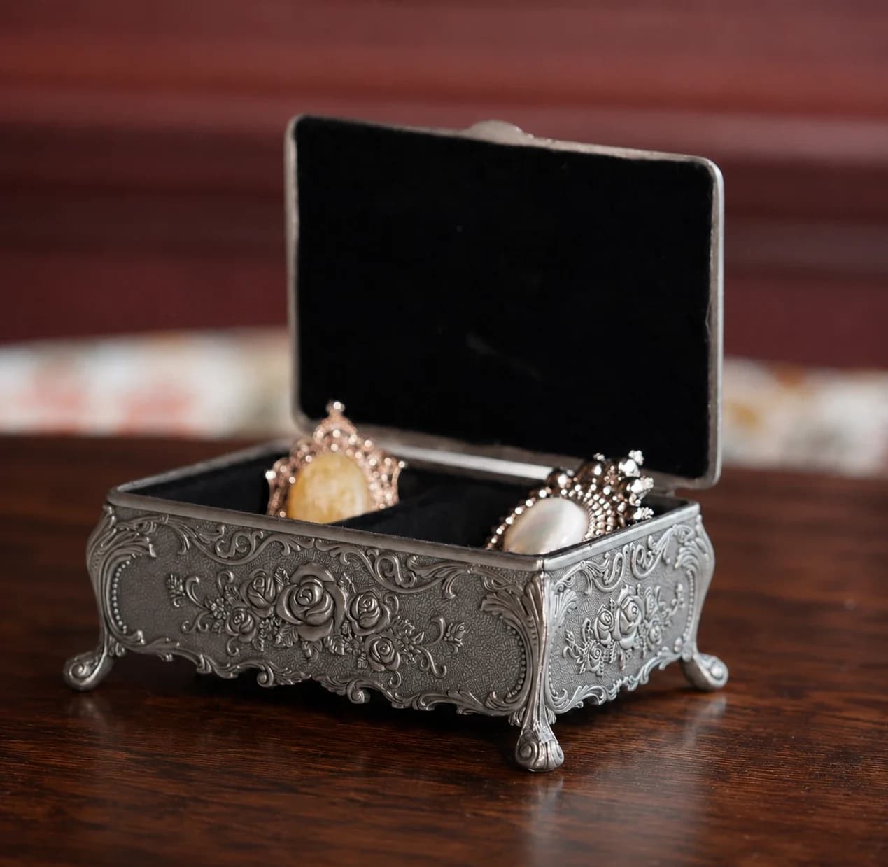 Antique Silver Vintage Metal Box with Rose Relief