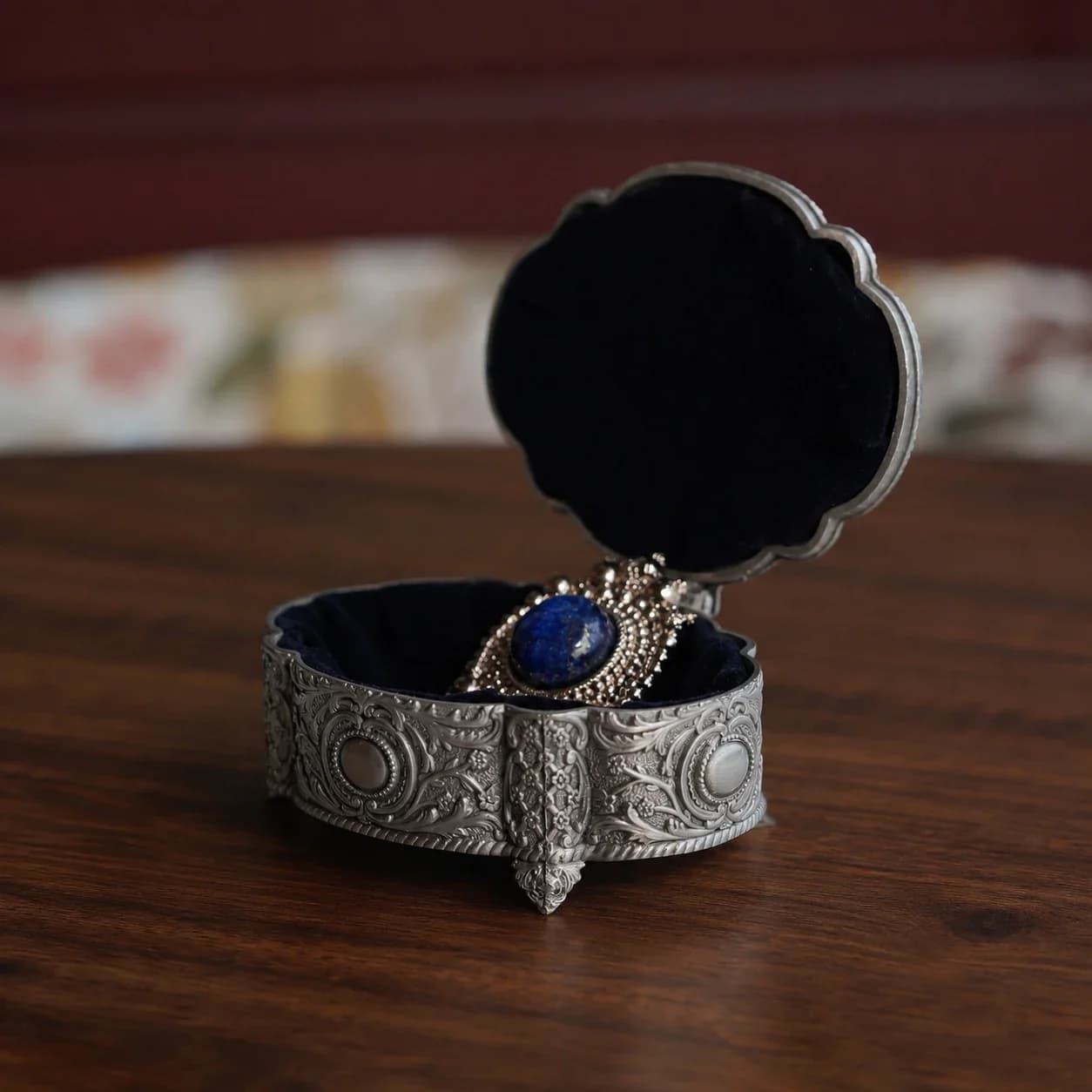 Antique Silver Vintage Metal Box, Oval