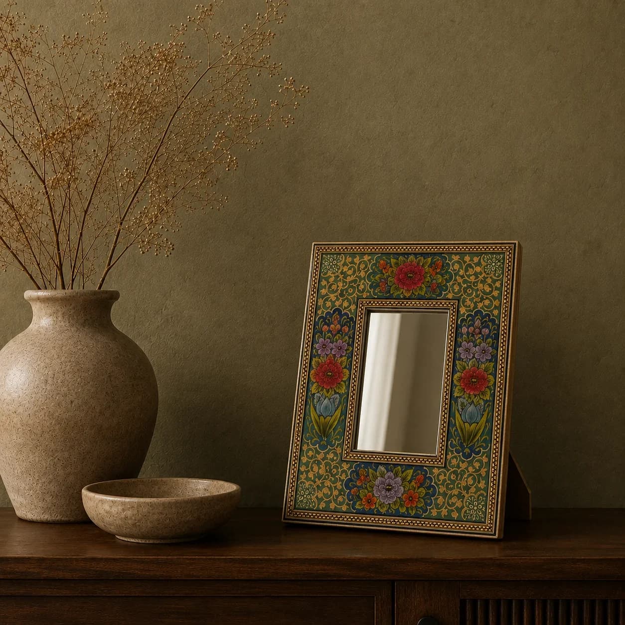 Turquoise Hatem Mirror with Floral Motifs, Medium