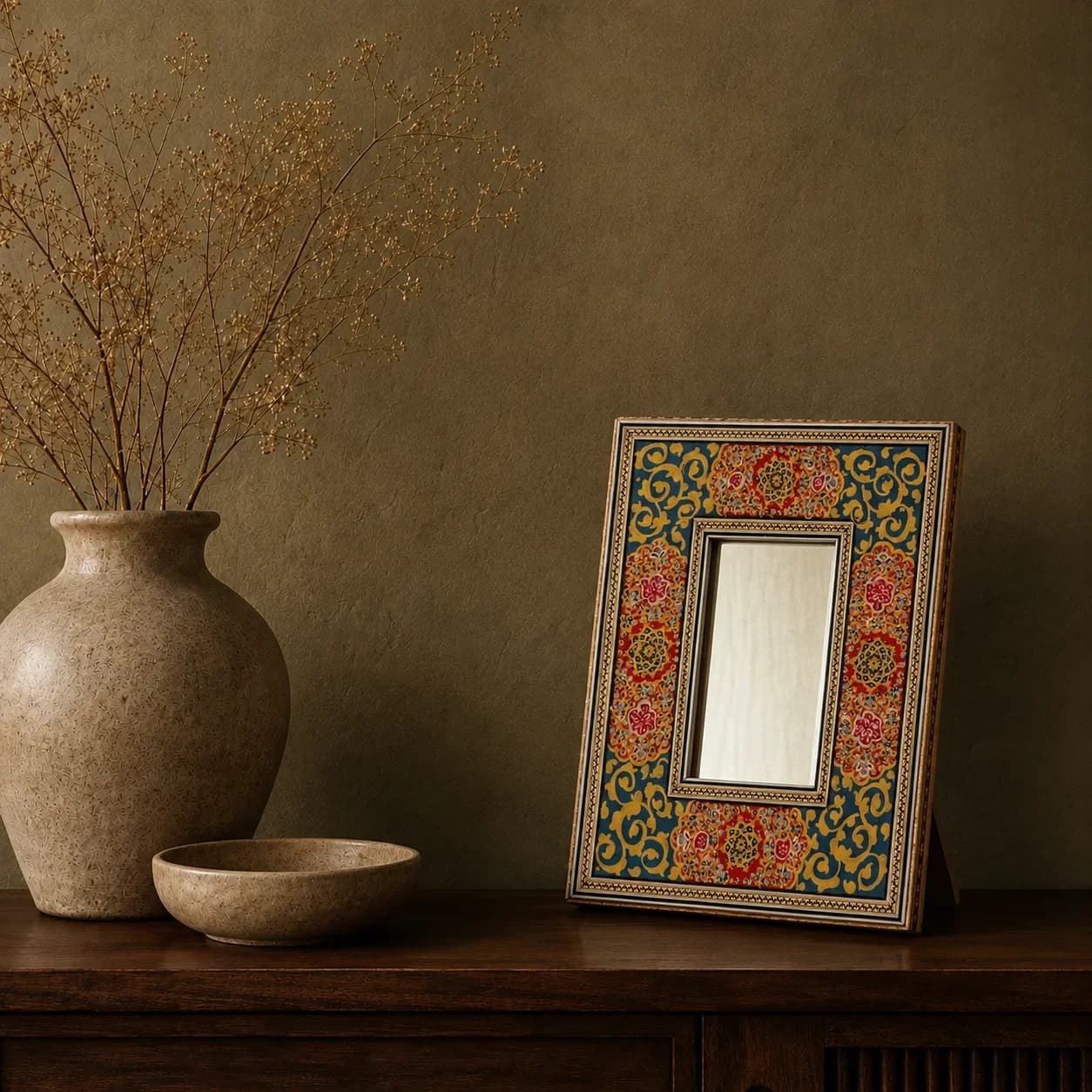 Turquoise Hatem Mirror with Red Motifs, Medium