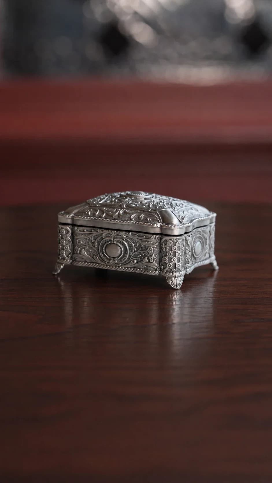 Antique Silver Vintage Metal Box with Floral Relief