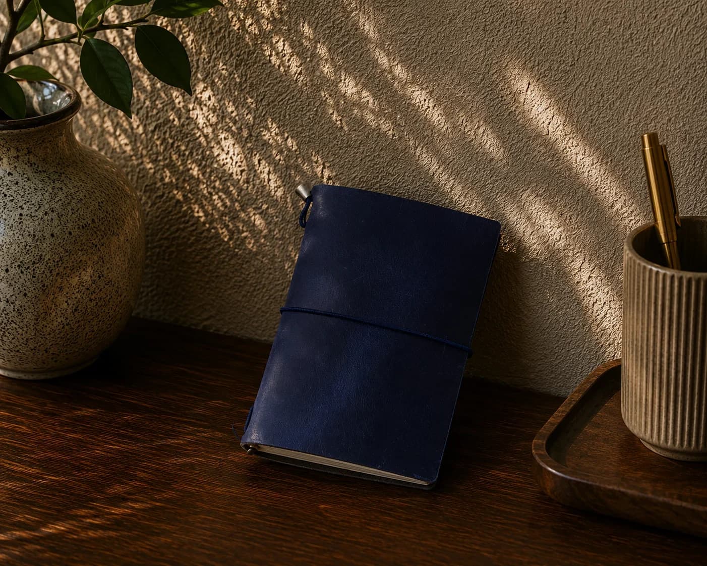 Ziryab Pocket Leather Travel Journal Cover, Navy
